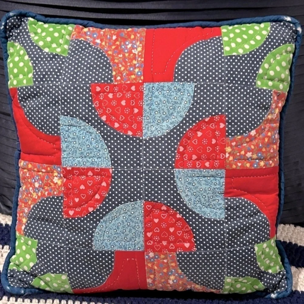 Antique Quilt Pillow 18x18 Mushroom + Polka Dots 2 Sides Blue Red Green Handmade